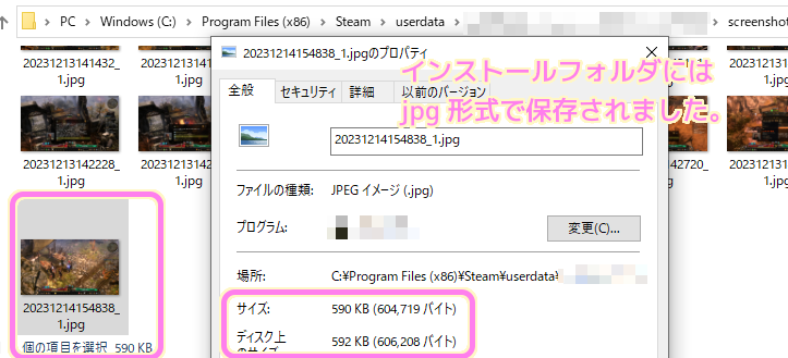 Steam インストールフォルダにはSSはjpg形式で保存されました.