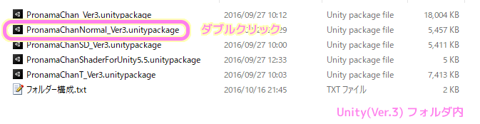 プロ生ちゃん3Dモデル ver3 Unity フォルダのインポートしたパッケージをダブルクリックします.