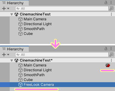 Unity Cinemachine FreeLockCameraが追加され MainCameraにアイコンがつきました