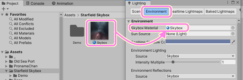 Unity Lightning ウィンドウの Environment タブの Skybox Material に先ほどの Skybox.mat をD&Dで設定します。png