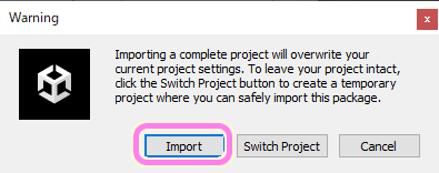TopDownEngine をインポートする際の警告ダイアログ.新規プロジェクトで影響のリスクがないので Import ボタンを押します.