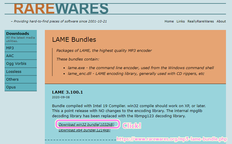LAME ダウンロードサイトで最新版の win32 版をえこでこツールのためにダウンロードします.