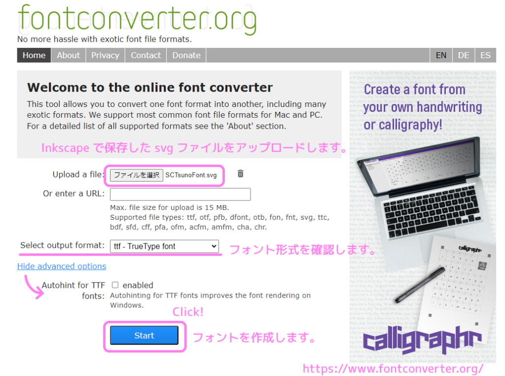 fontconverter に svg ファイルをアップロードしてフォント形式を確認してから Start ボタンを押します....