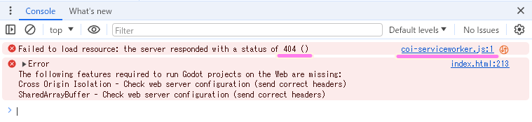 GitHub Pages サブフォルダの WebGL の index.html にアクセスして F12 キーを押した際の Console タブによると coi-serviceworker.min.js が見つからないようです..
