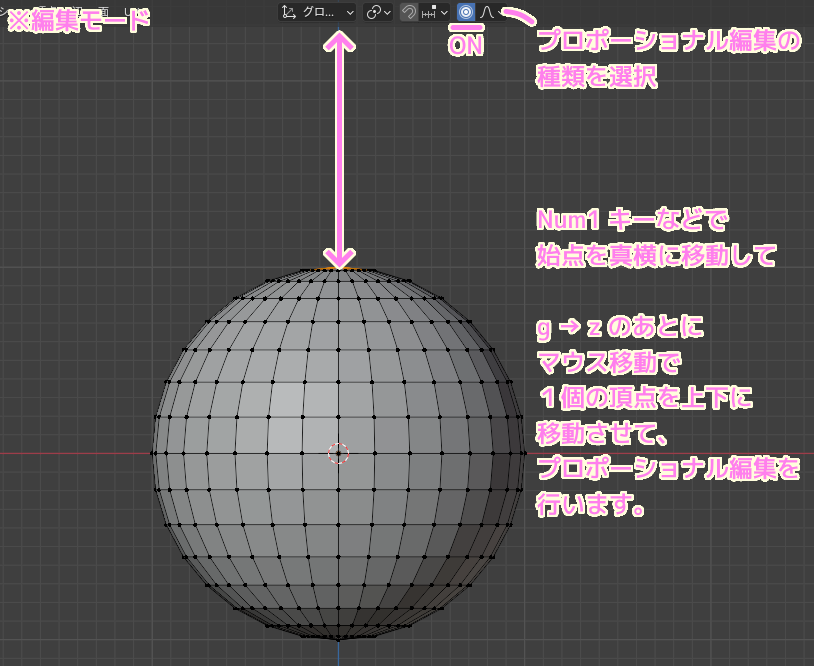 Blender4 UV球の選択した１つの頂点を gz マウス移動で上下に移動させます...