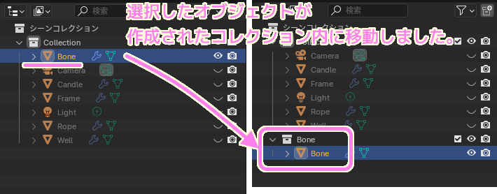 Blender4 コレクションを作成する前後のシーンコレクションの変化.