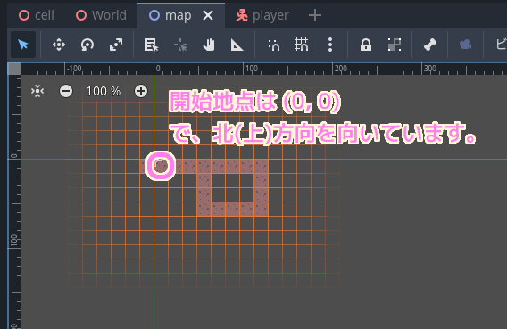 Godot4 DungeonCrawler3D の開始位置はマップチップの（０，０）で北方向を向いています.
