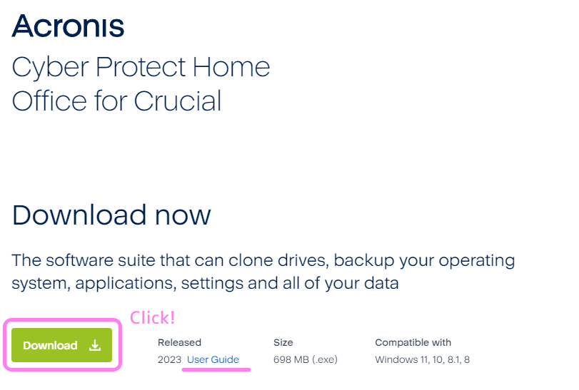 Acronis Cyber Protect Home Office for Crucial のページで Download ボタンを押します..