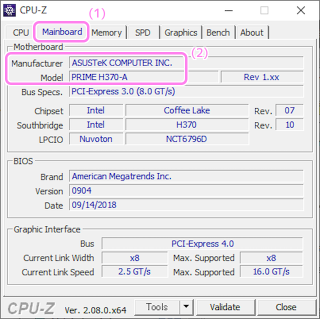 CPU-Z MainBoard タブでマザーボードのメーカーと型番を確認できます..