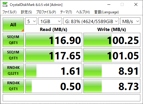 CrystalDiskMark HDDのストレージデータ転送速度はSSD(SATA)の２割程度