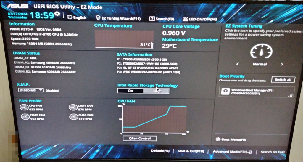 GALLERIA XT ASUS PRIME H370-A の  BIOS 画面