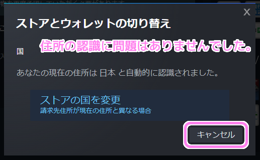 Steam 住所の認識に問題はありませんでした