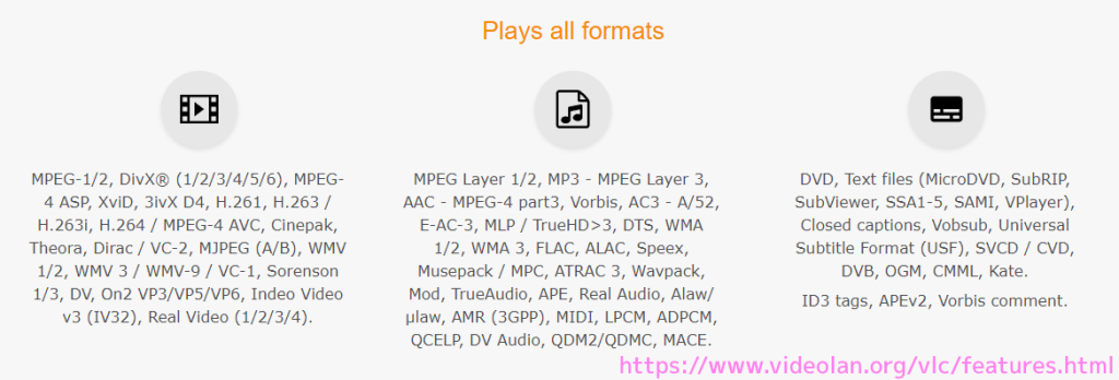 VLCメディアプレーヤーの対応フォーマット