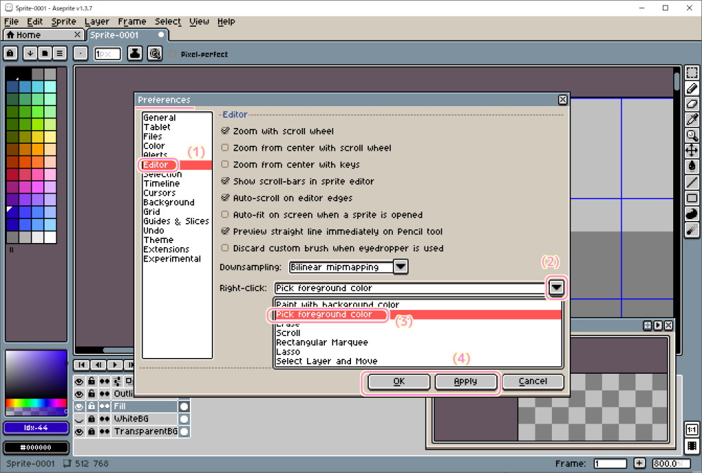 Aseprite Preferences Editor のページで Right-click を Pick foreground color に変えます