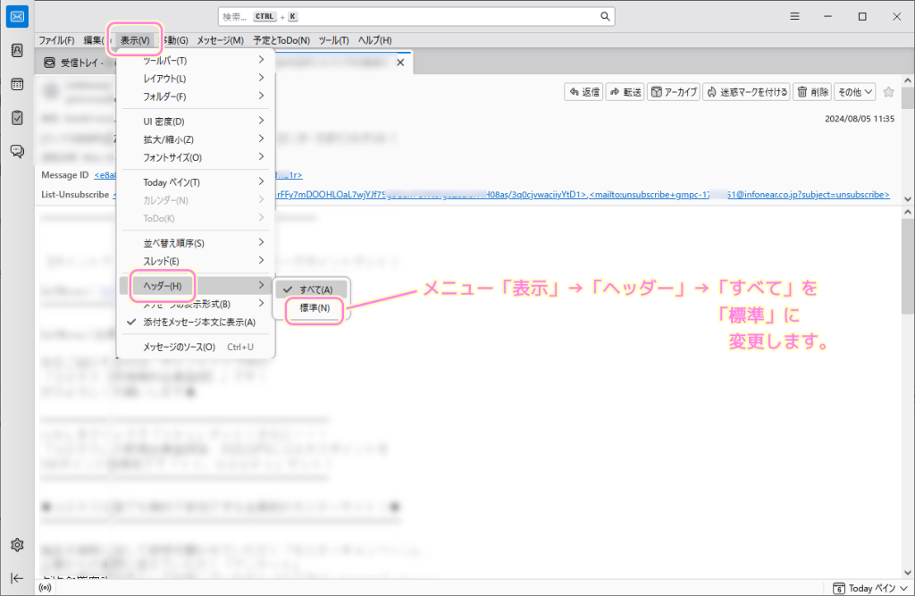 Thunderbird 不要なヘッダー情報の非表示２