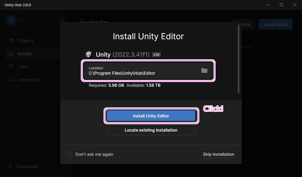 Unity2022.3 LTS インストール１