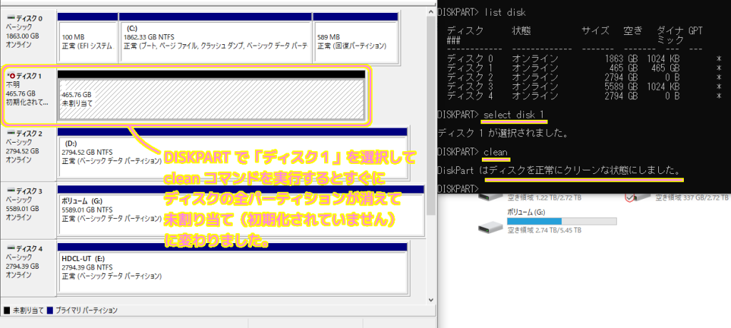 Windows10 コマンドプロンプト DISKPART で選択したディスクを clean コマンドで初期化されていない状態にしました