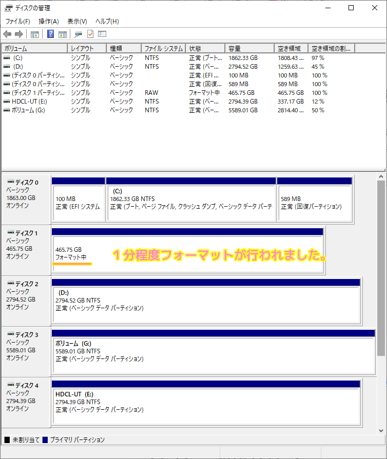 Windows10 ディスクの管理でシンプルボリュームの割り当て７