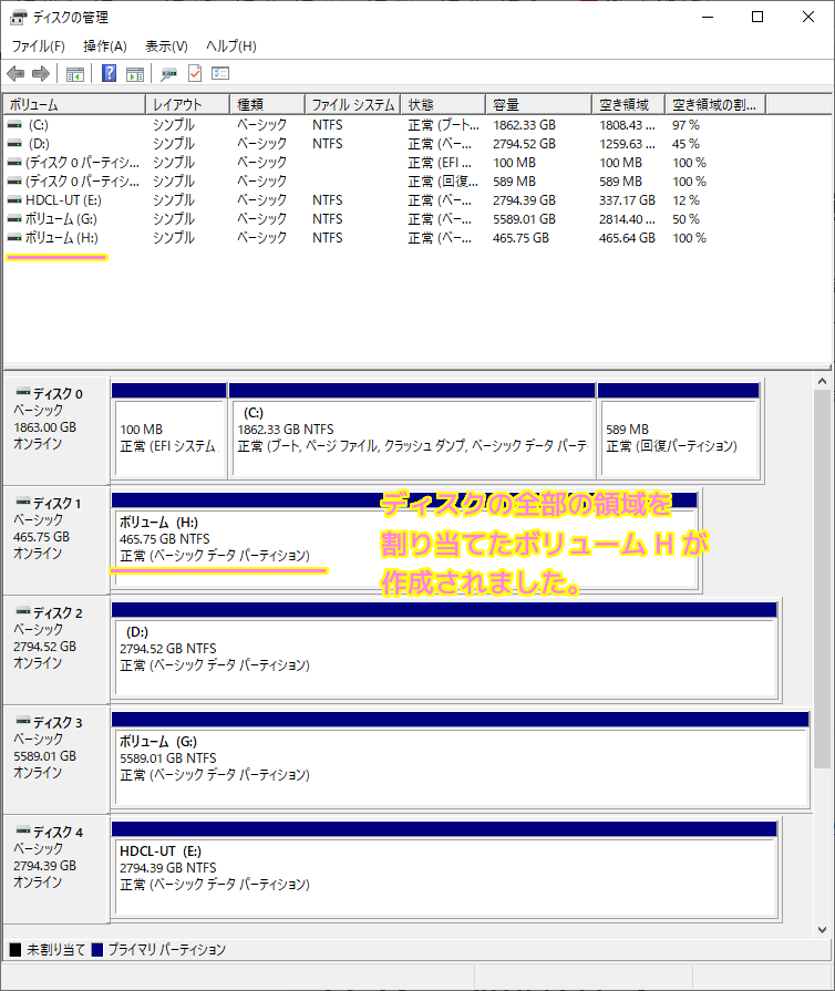 Windows10 ディスクの管理でシンプルボリュームの割り当て８