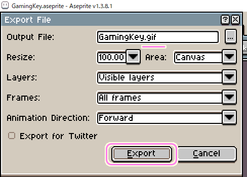 Aseprite アニメーションの GIF 形式のエクスポート２