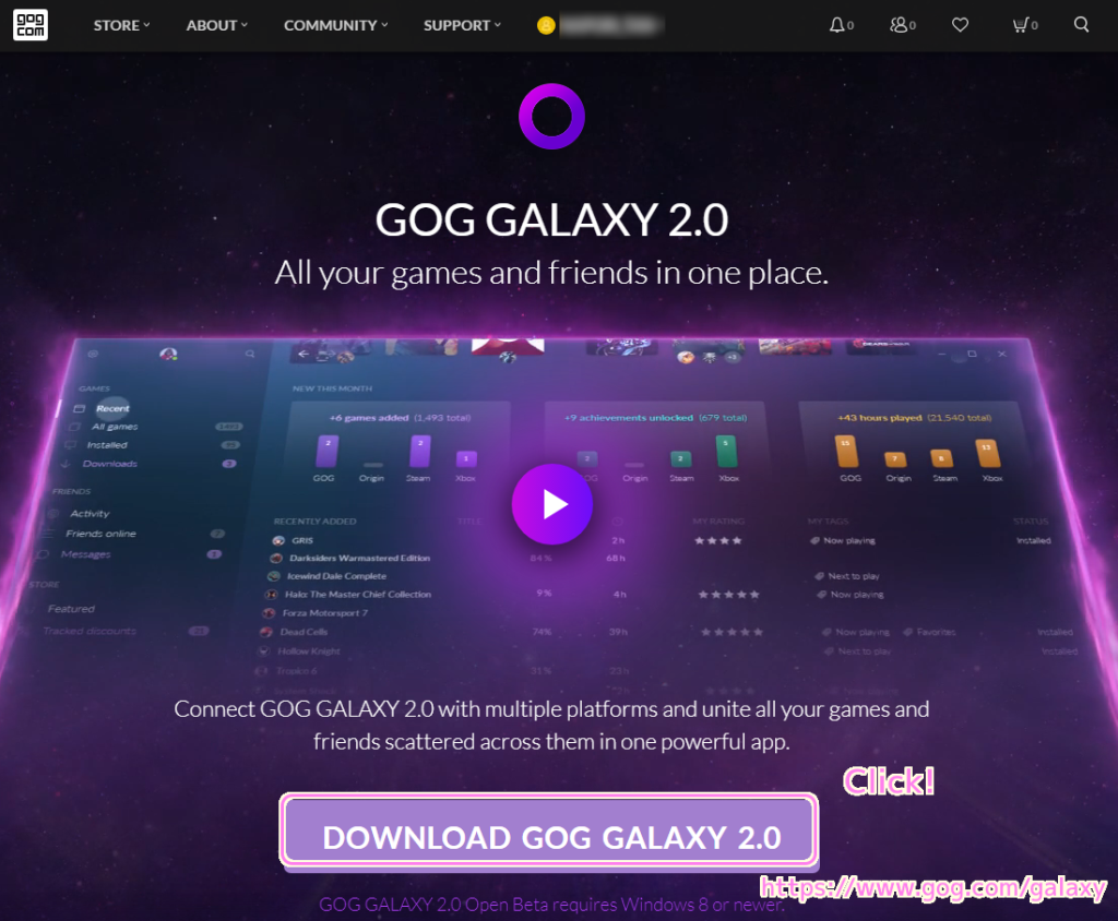 GOG GALAXY アプリのダウンロード１