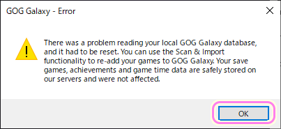GOG GALAXY アプリのローカルのデータベースが読み込めない場合のダイアログ