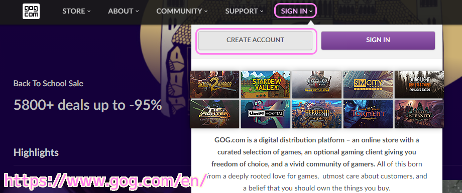 GOG 公式サイトでアカウントの作成