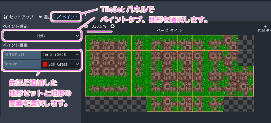 Godot4 地形タイルセットに隣接条件のペイント設定１
