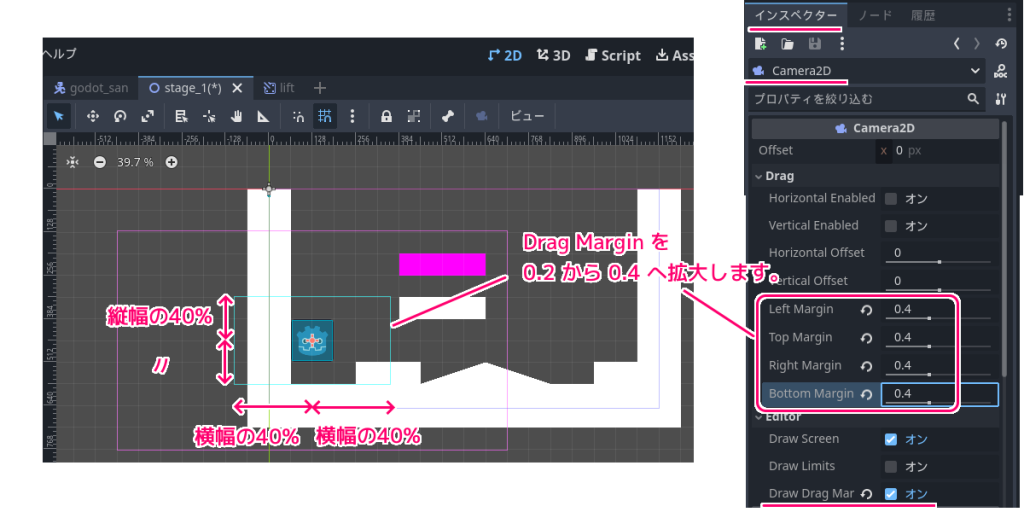 Godot4 Camera2D の Drag Margin 領域の拡大１