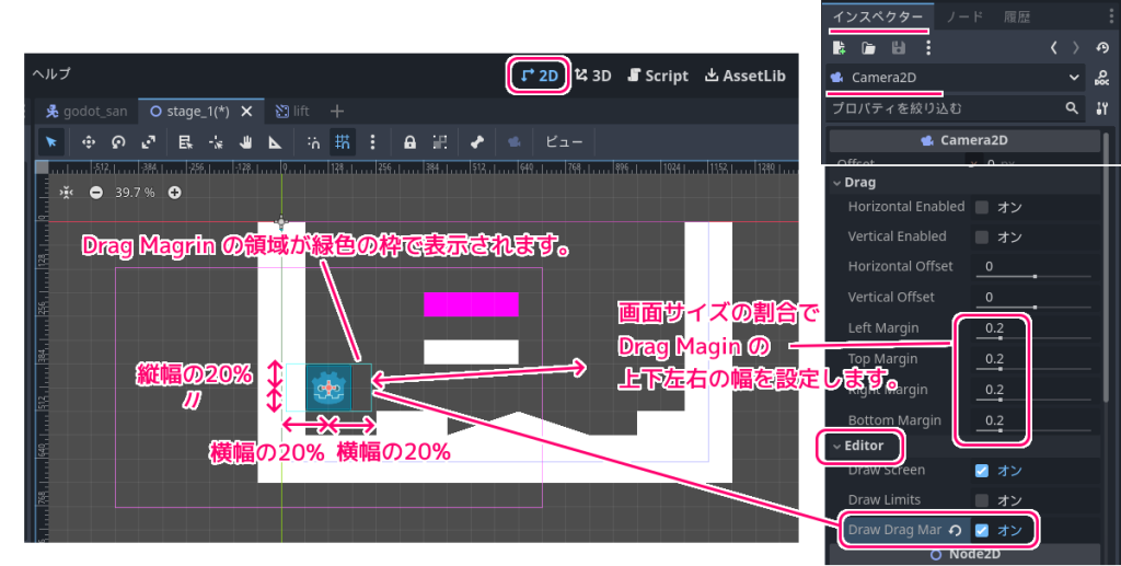 Godot4 Camera2D の Drag Margin 領域の表示