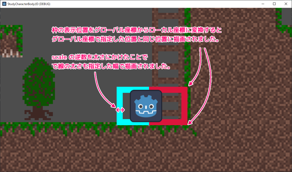 Godot4 _draw 関数の描画の位置をグローバル座標からローカル座標に変換して大きさを scale の逆数をかけて1倍に戻すとグローバル座標の指示と同じように描画されました...