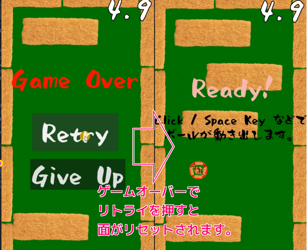Godot4 ビッグカツブロック崩し ゲームオーバー画面のリトライとギブアップボタンの機能の確認の動画の静止画説明