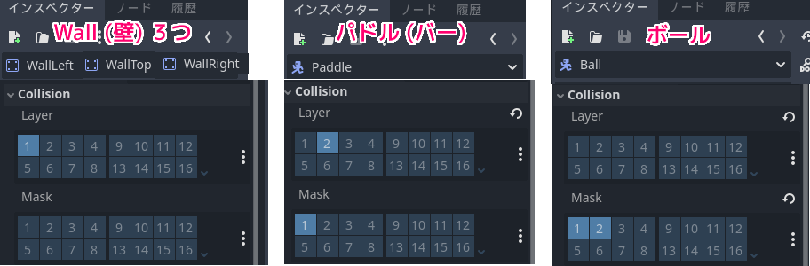 Godot4 ビッグカツブロック崩し 壁とパドルとボールのCollision Layer Mask の関係