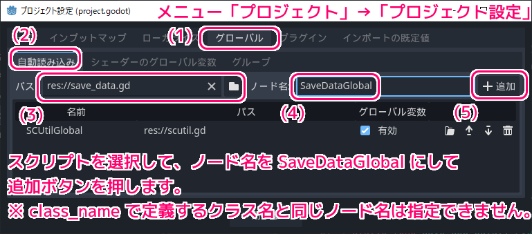 Godot4 ビッグカツブロック崩し SaveData 用のスクリプトとグローバルノードの作成と設定3