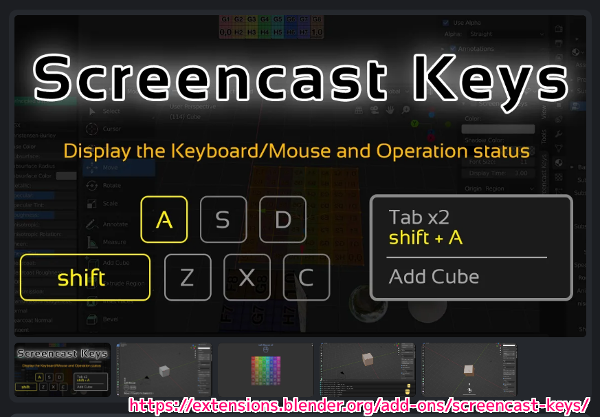 Blender4 ScreenCastKeys ページの一部 20250213