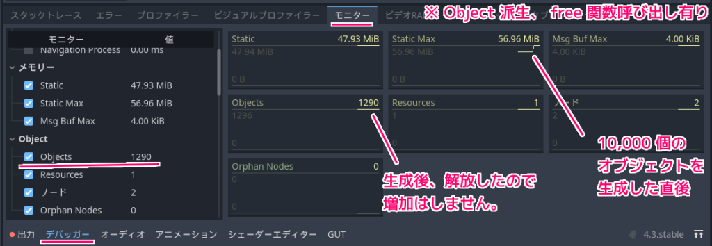 Godot4 デバッガーのモニターでメモリリークテスト（Object 派生 free 関数呼び出し有り）