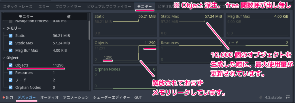 Godot4 デバッガーのモニターでメモリリークテスト（Object 派生 free 関数呼び出し無し）