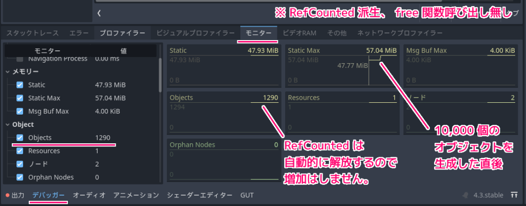 Godot4 デバッガーのモニターでメモリリークテスト（RefCounted 派生 free 関数呼び出し無し）