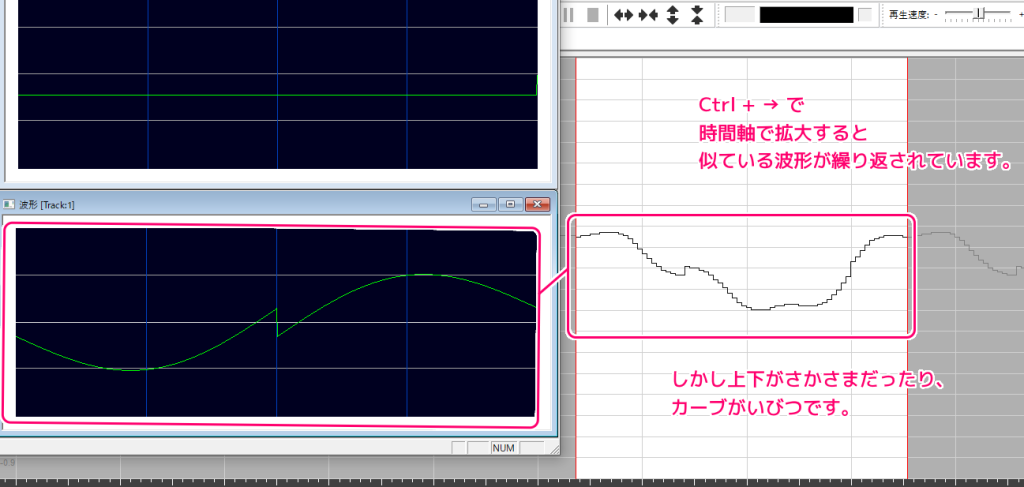 SWave で出力した wav ファイルの波形を Sazanami で時間軸方向に拡大して比較１