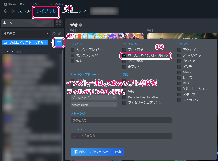 Steam インストール済みソフトをフィルタリング１
