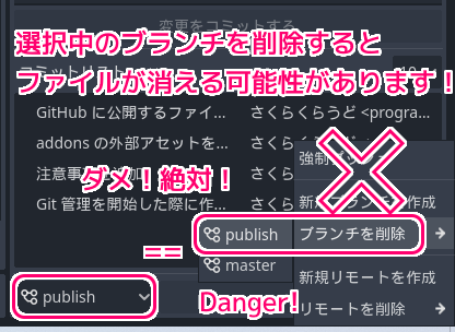 Godot4 Git plugin 選択中のブランチを削除するとファイルが一部消されてしまう深刻な問題が発生2