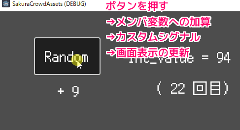 Godot4 StudyGetterSetterSignal のシーン実行結果