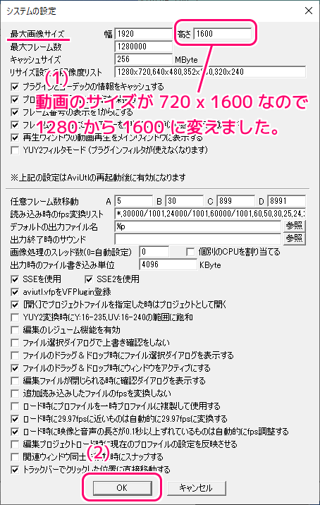 AviUtl 最大画像サイズを増やしてスマホの動画を読み込む4