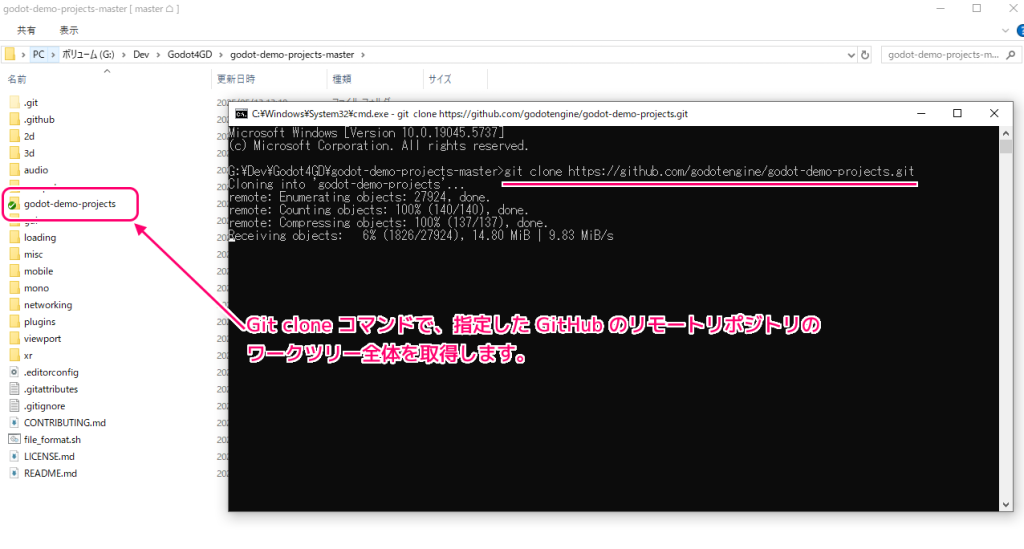 Godot4 公式デモプロジェクトのフォルダを GitHub サイトから Git Clone でワーキングツリーを取得2