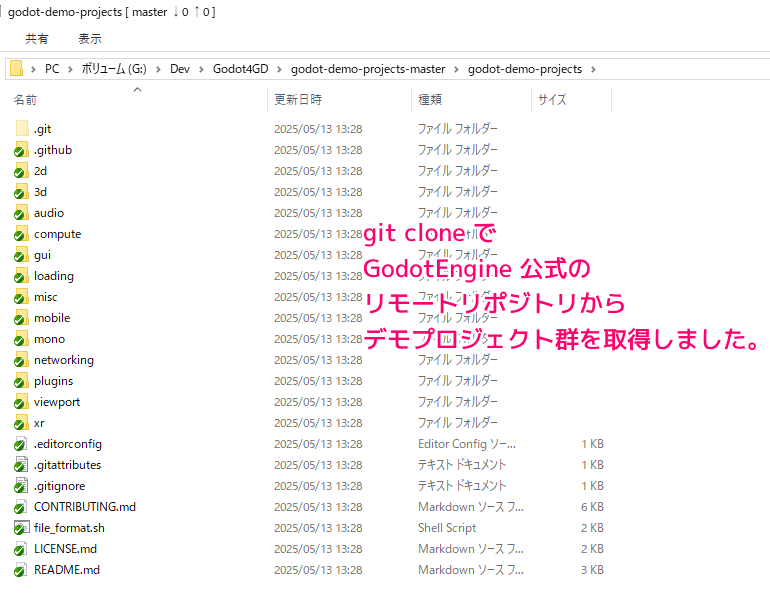 Godot4 公式デモプロジェクトのフォルダを GitHub サイトから Git Clone でワーキングツリーを取得4