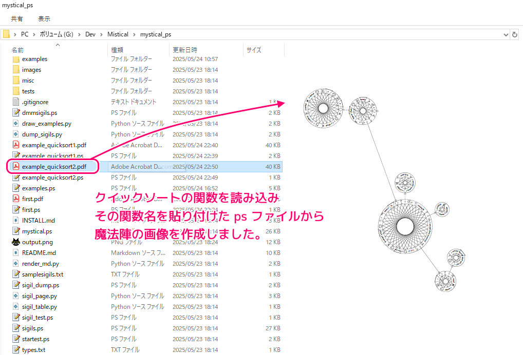 Mystical example_quicksort2.ps から魔法陣の画像を作成した結果