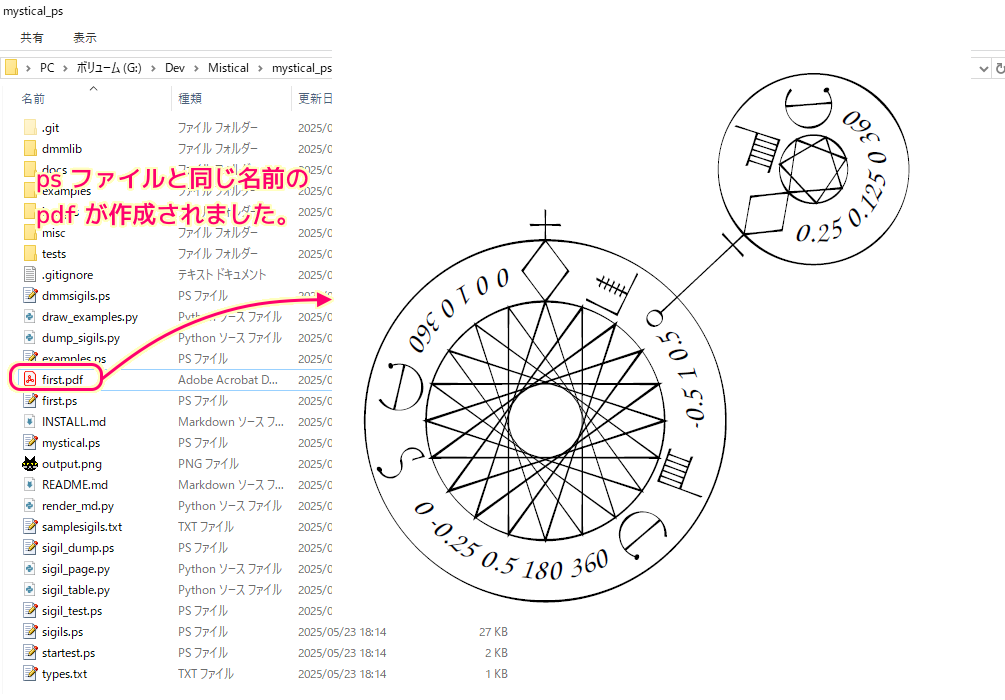 Mystical ps2pdf でイントロに書かれていたfirst.psの画像のpdfを作成