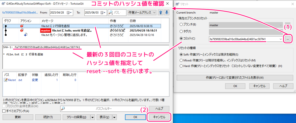 TortoiseGit reset --soft で１つ前のコミット位置から最新のコミット位置にreflogで戻してログを確認8