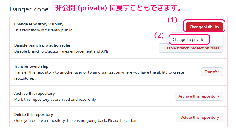 GitHub 作成したリポジトリの設定を非公開から公開に変更して一般公開する10
