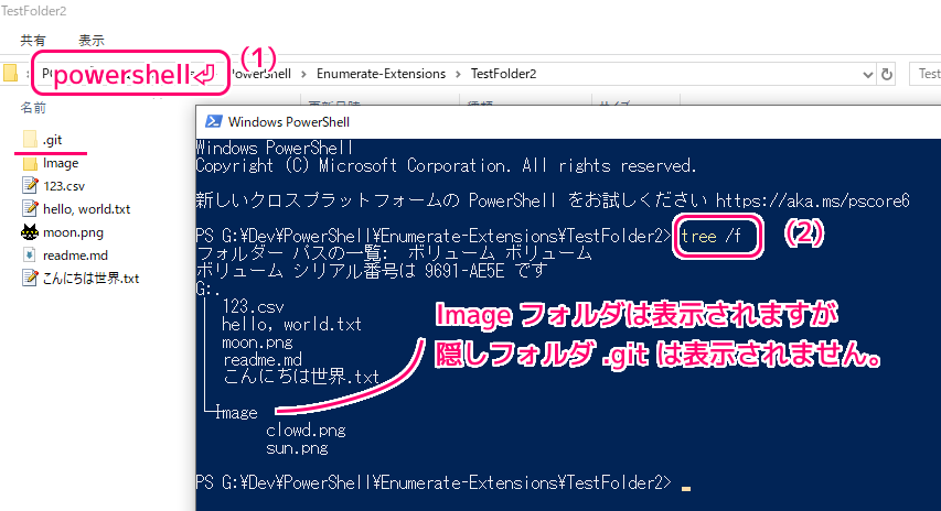 dir コマンドによる隠しフォルダの内容の表示2